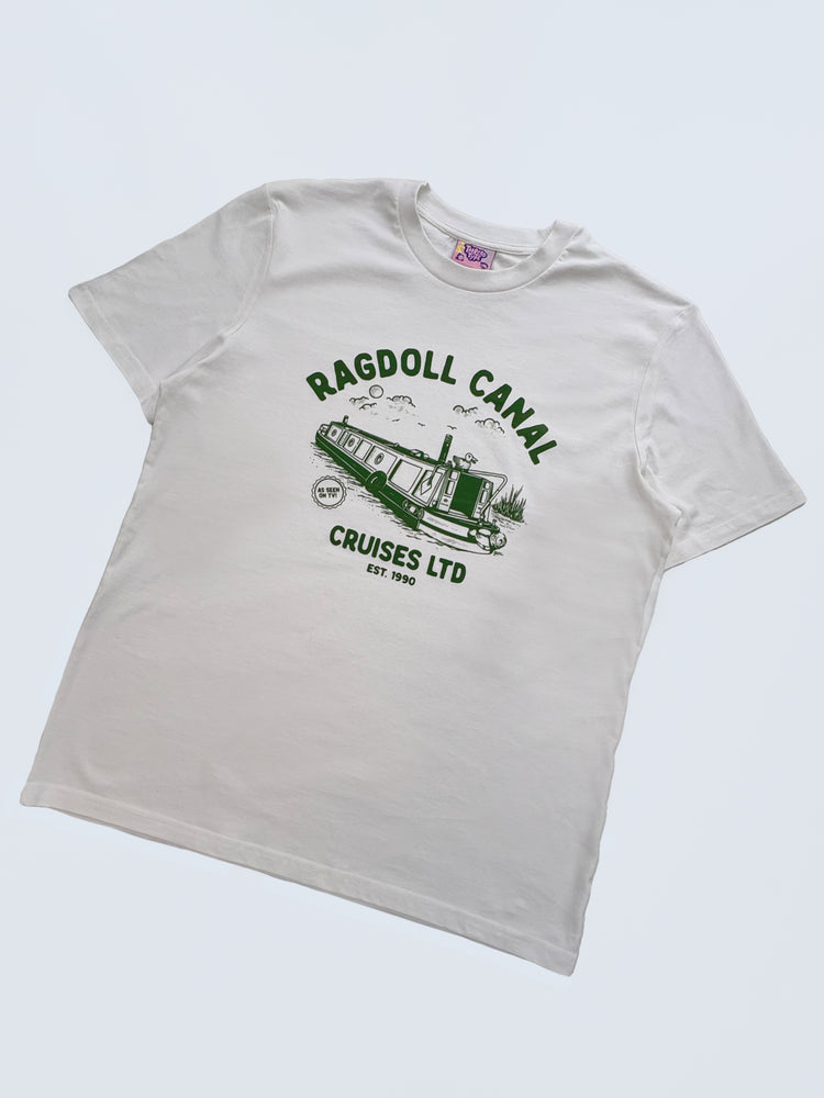 Full length shot of 90s TV show Rosie and Jim inspired T-shirt design featuring the ol' Ragdoll on a canal
