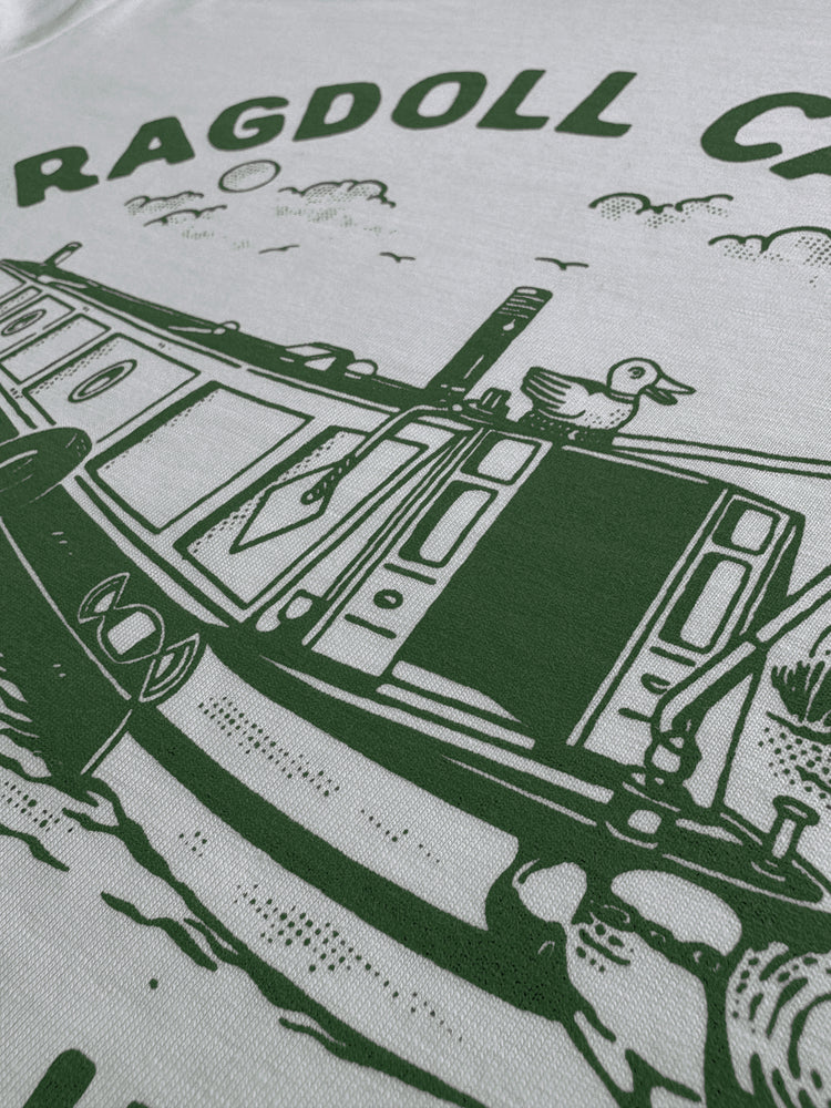 Close up of our 90s TV show Rosie and Jim inspired T-shirt design featuring the ol' Ragdoll on a canal