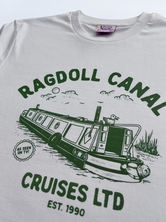 90s TV show Rosie and Jim inspired T-shirt design featuring the ol' Ragdoll on a canal