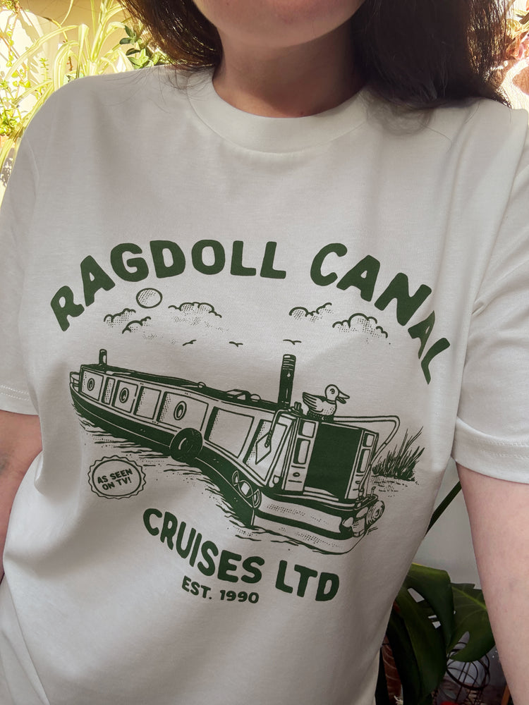 Model wearing 90s TV show Rosie and Jim inspired T-shirt design featuring the ol' Ragdoll on a canal