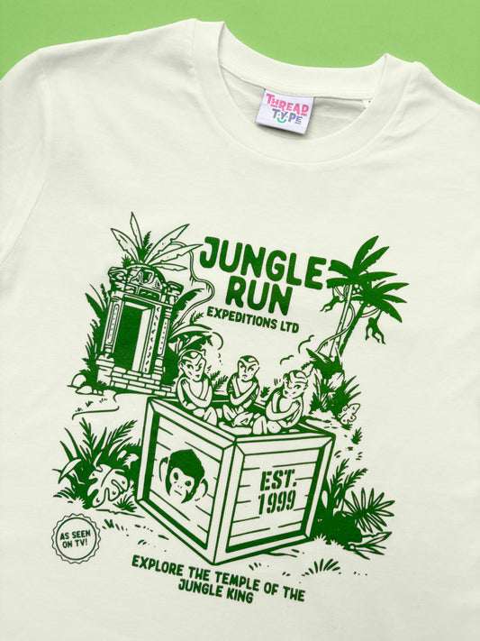 90s TV show Jungle Run T-shirt design with monkey statues and the Jungle King Temple in the background