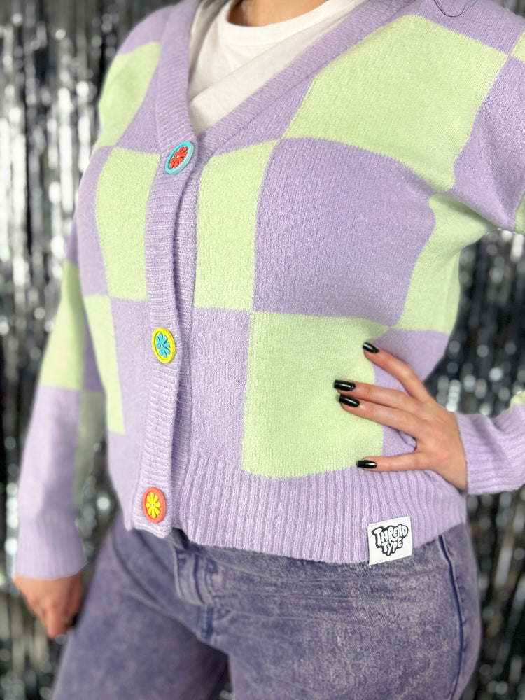 Checkerboard Purple and Mint Knit Cardigan