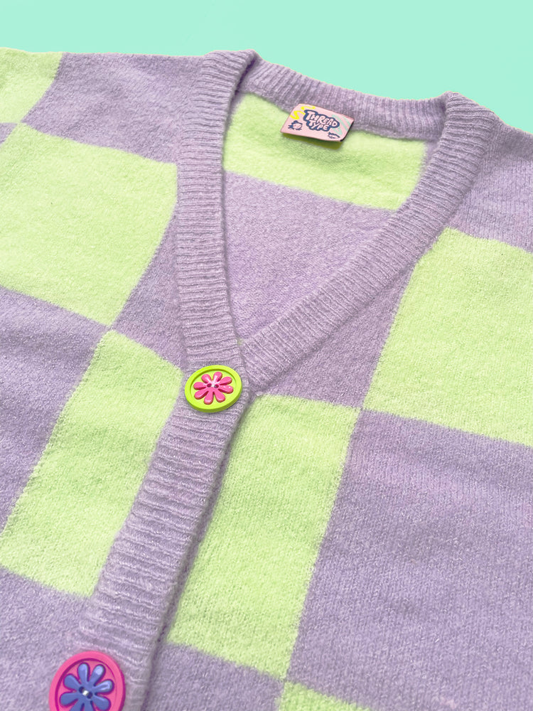 Checkerboard Purple and Mint Knit Cardigan