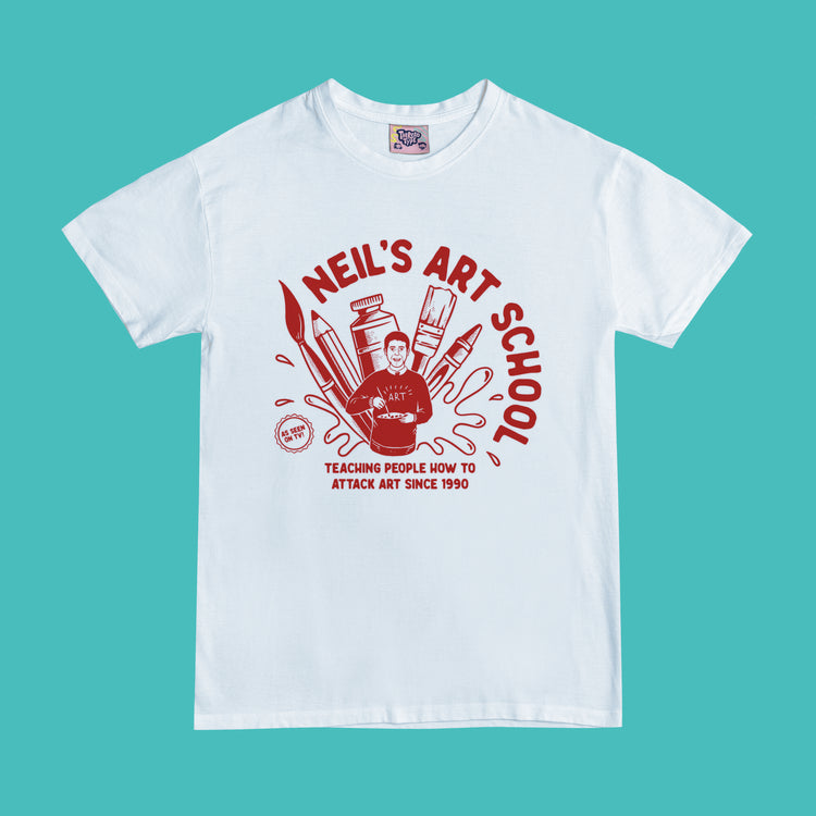 Full length shot of 90s TV series Art Attack inspired T-shirt featuring Neil Buchanan with larger than life art materials