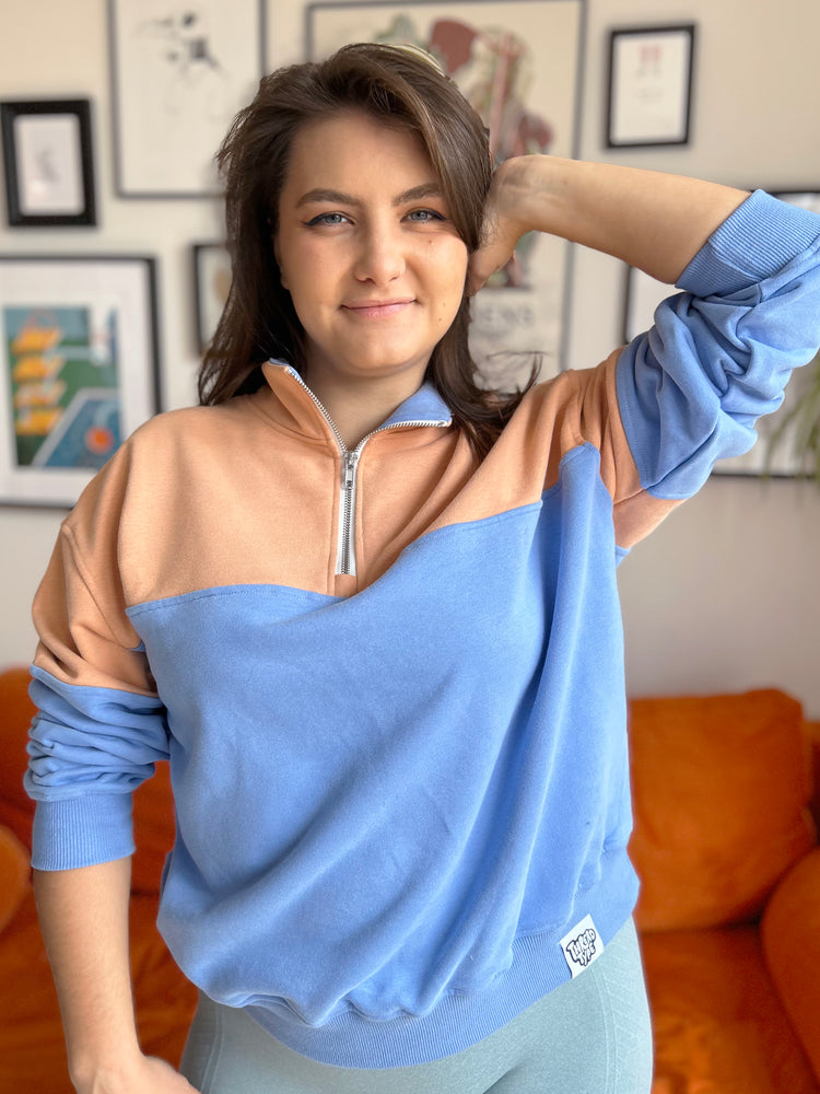 Colour Block Peach and Sky Blue Quarter Zip Pullover Sweatshirt