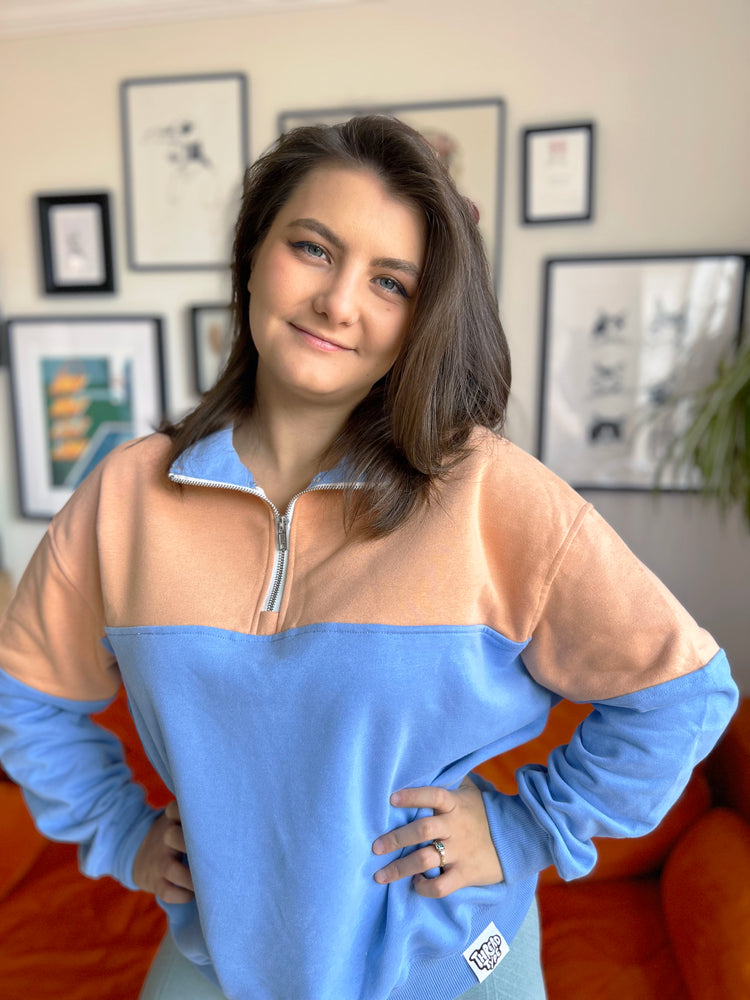 Colour Block Peach and Sky Blue Quarter Zip Pullover Sweatshirt