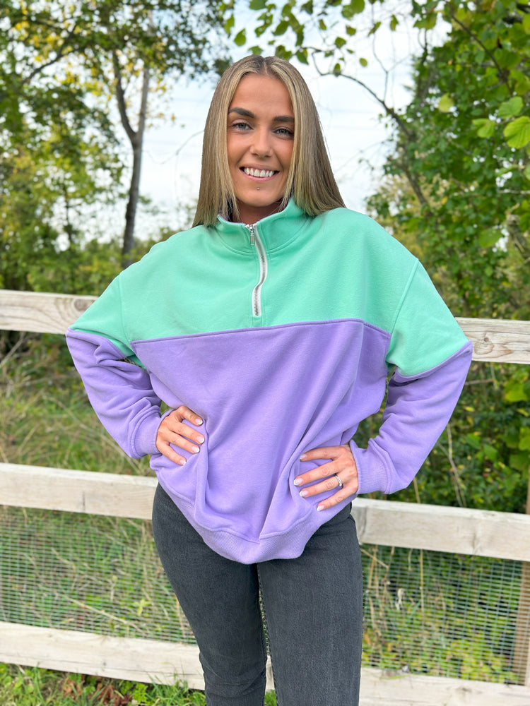 Colour Block Purple and Mint Green Quarter Zip Pullover Sweatshirt