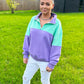 Colour Block Purple and Mint Green Quarter Zip Pullover Sweatshirt