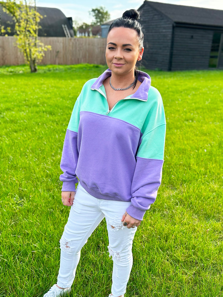 Colour Block Purple and Mint Green Quarter Zip Pullover Sweatshirt
