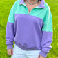 Colour Block Purple and Mint Green Quarter Zip Pullover Sweatshirt
