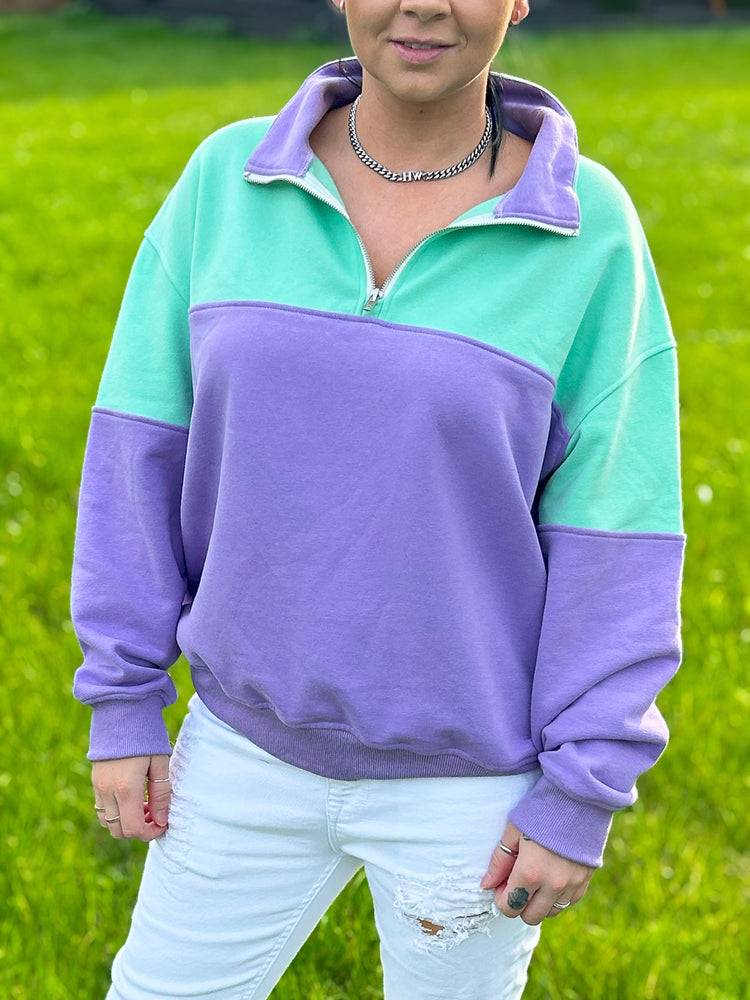 Colour Block Purple and Mint Green Quarter Zip Pullover Sweatshirt
