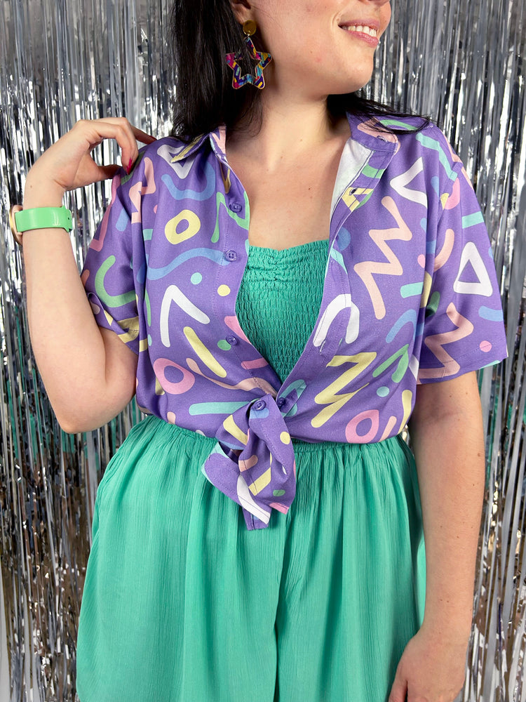 Retro Doodle Pattern Unisex Button Up Shirt