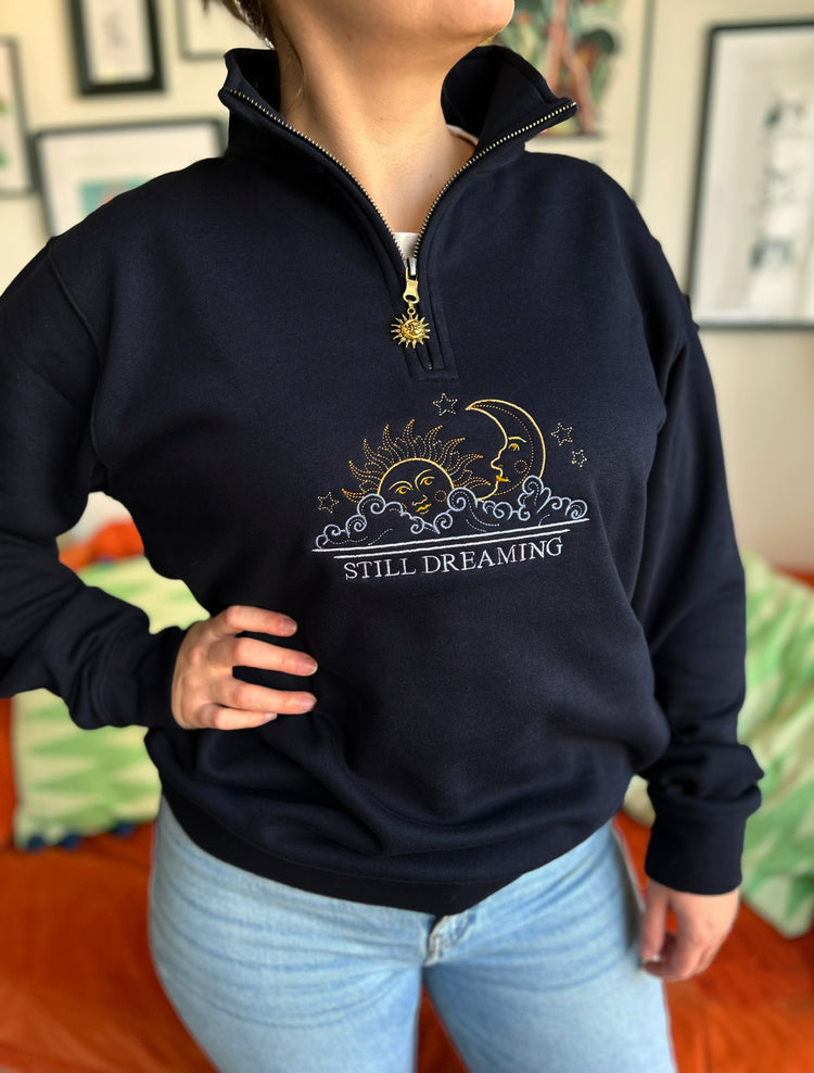 90s Sun & Moon Embroidered Quarter Zip Pullover Sweatshirt