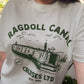 Model wearing 90s TV show Rosie and Jim inspired T-shirt design featuring the ol' Ragdoll on a canal
