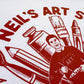 An even closer up shot of 90s TV series Art Attack inspired T-shirt featuring Neil Buchanan with larger than life art materials