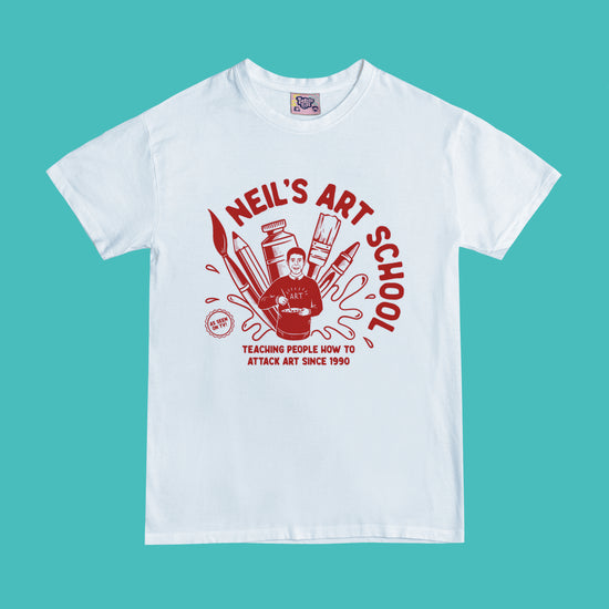Full length shot of 90s TV series Art Attack inspired T-shirt featuring Neil Buchanan with larger than life art materials