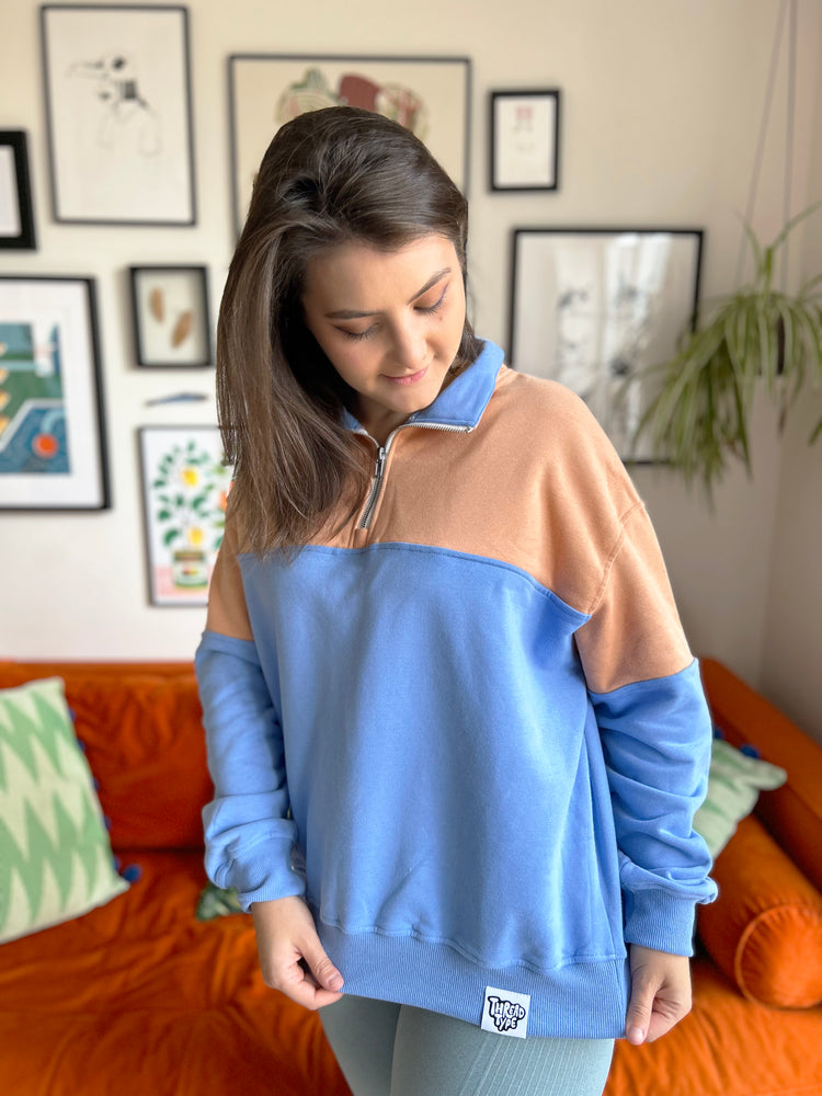 Colour Block Peach and Sky Blue Quarter Zip Pullover Sweatshirt
