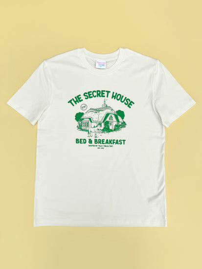 Full length shot of 90s TV show Tots TV inspired T-shirt design featuring a hideawy cottage and donkey!